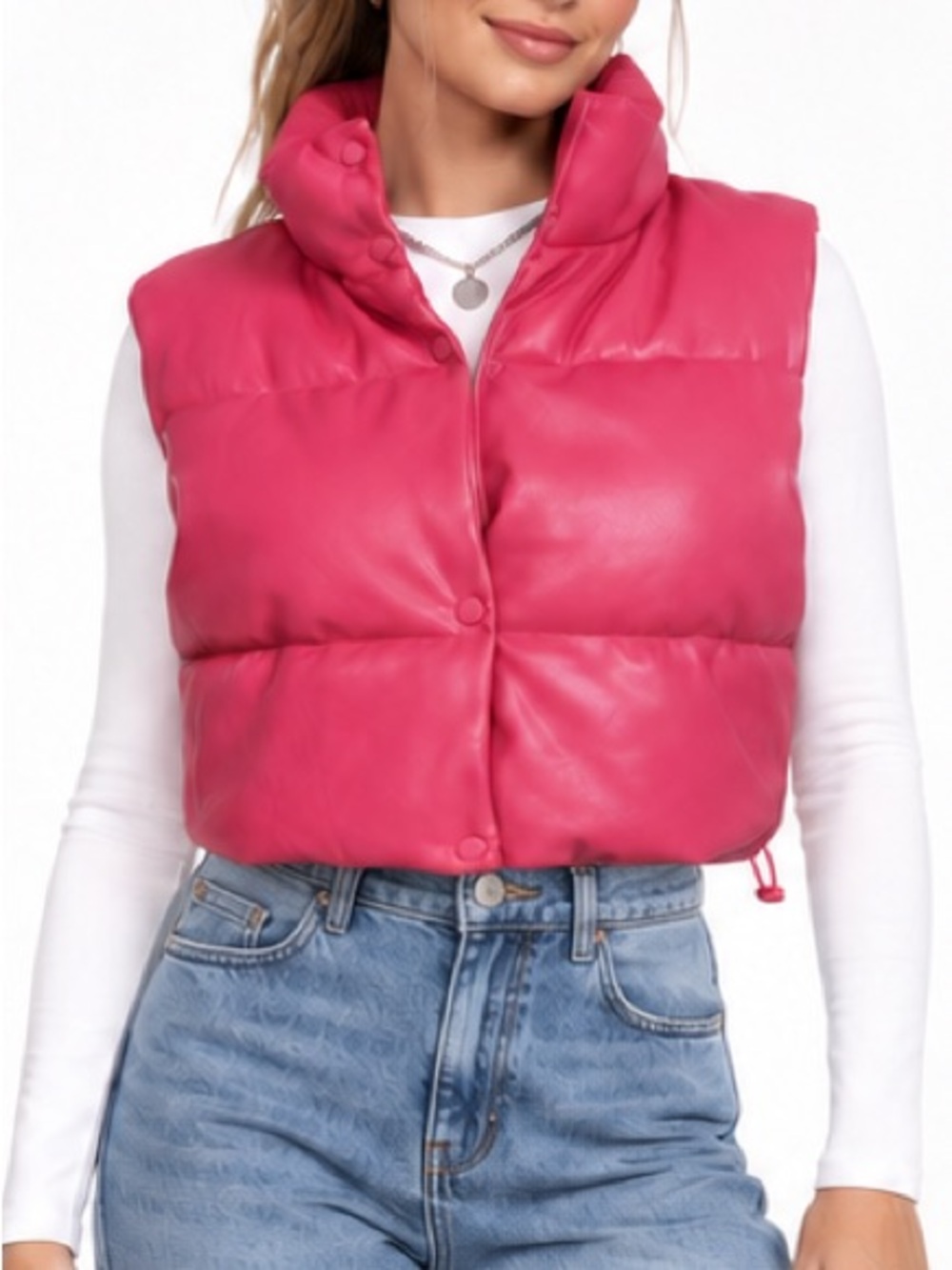 Simply Southern Hot Pink Cropped Puffer Vest Faux Leather Barbiecore Large